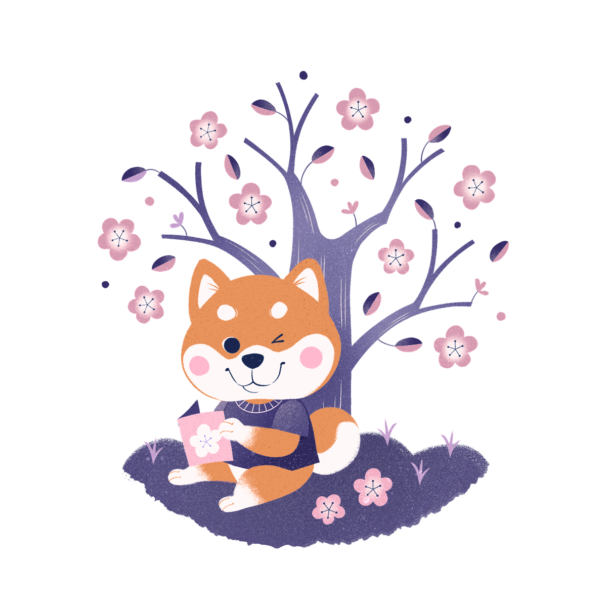 El shiba de NihonGo! leyendo bajo un ciruelo en flor