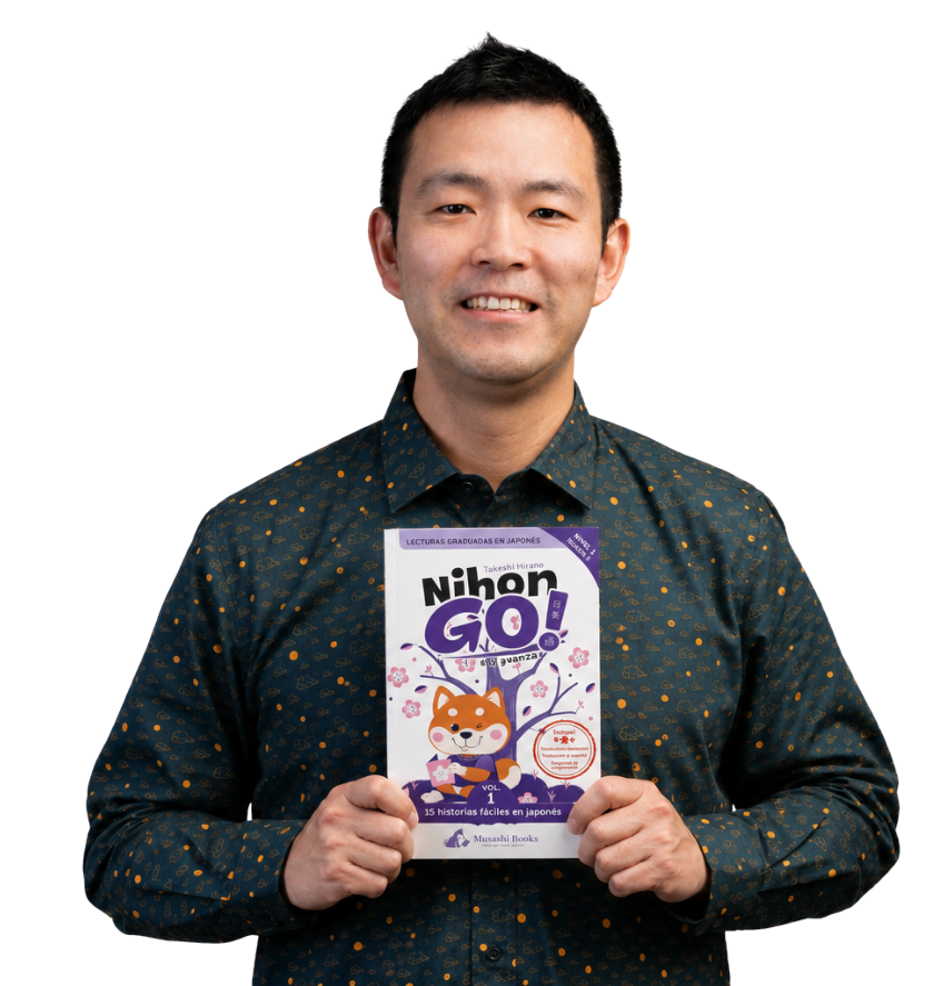 Takeshi sensei sosteniendo NihonGo! Vol. 1