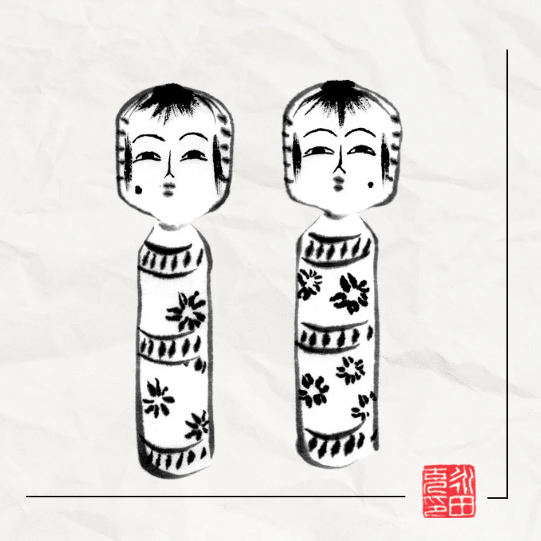 Ilustración a tinta: Las muñecas Kokeshi